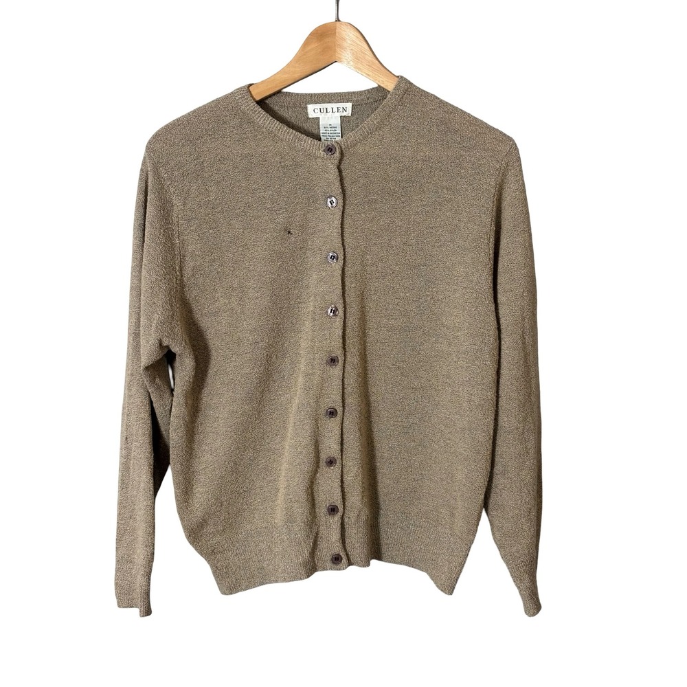 Cullen Women Merino Wool Blend Cardigan Sweater Size M Taupe Tan Button Front